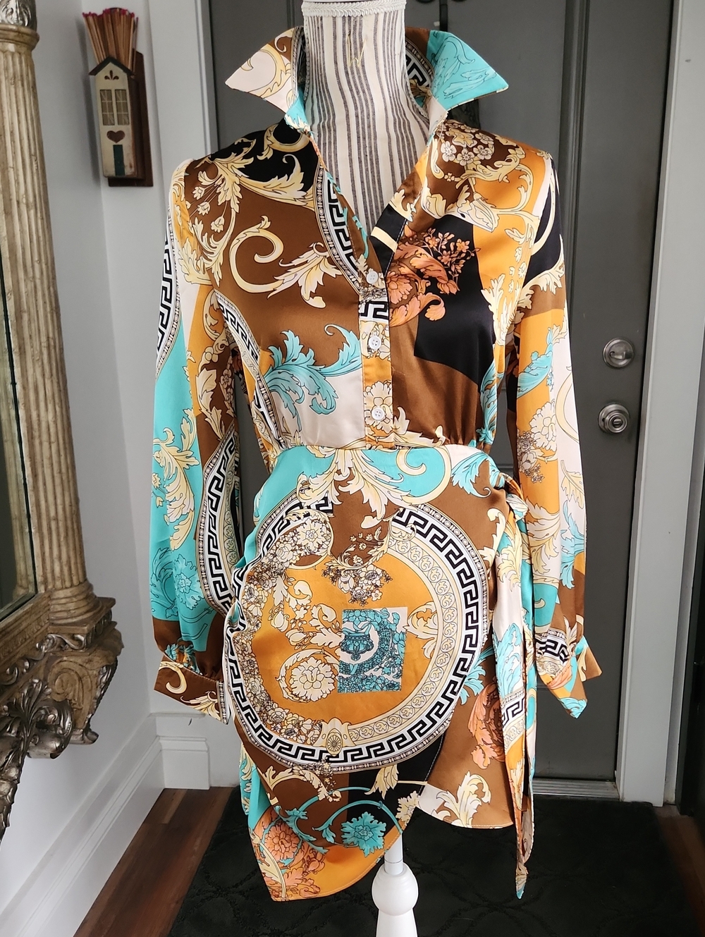 CIEN Vibrant Baroque Print Satin Shirt Dress in Turquoise & Gold